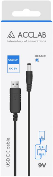 Кабель питания ACCLAB USB to DC 5.5 х 2.1 мм 9 В 1 A 1 м Черный (1283126552830) 27090 фото