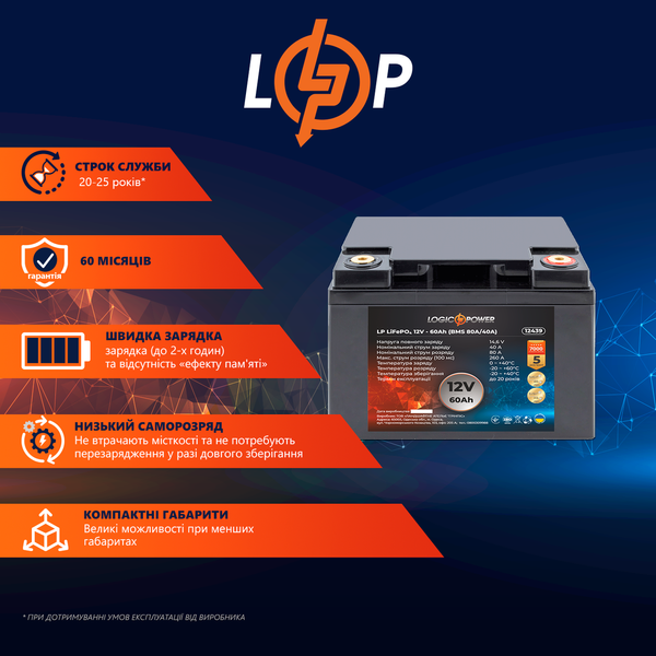 Акумулятор літієвий LP LiFePO4 12V - 60 Ah (768Wh) 12439 фото