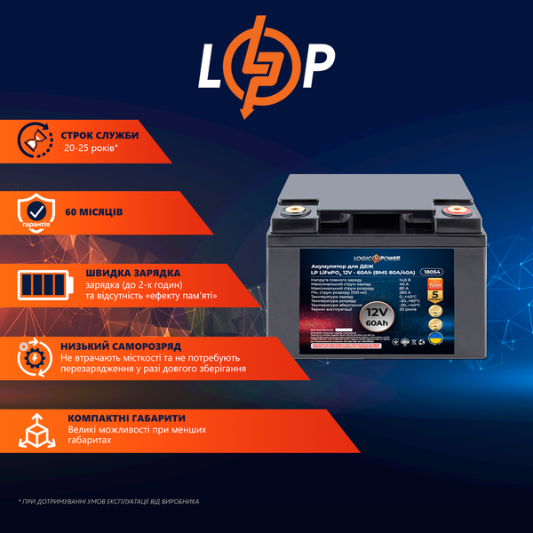 Акумулятор літієвий LP LiFePO4 12V - 60 Ah (768Wh) 18054 фото