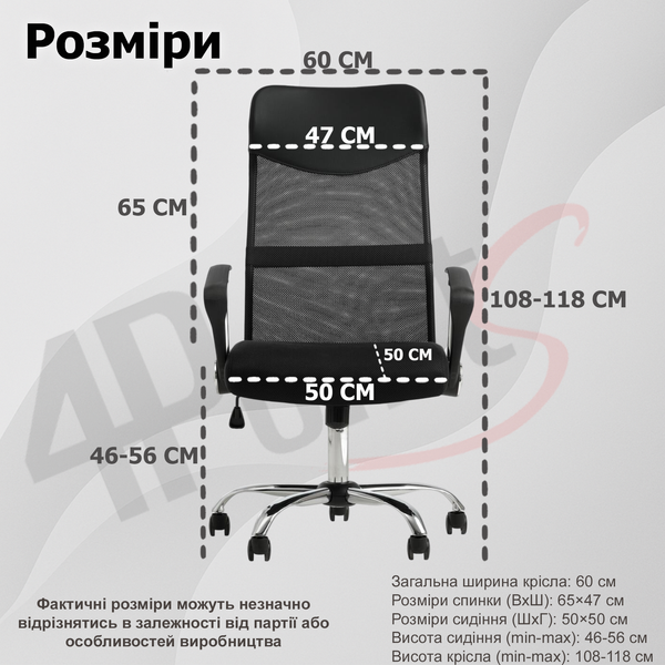 Крісло комп'ютерне 4Points Prestige Сітчаста тканина + еко-шкіра, хромована основа, Чорний  40270 фото