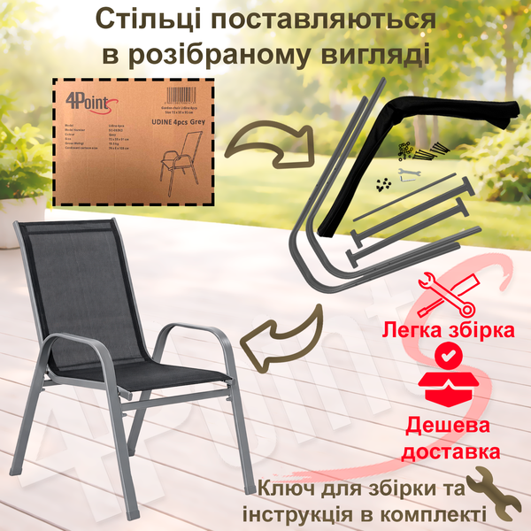Комплект садовой мебели 150х90см с прямоугольным столом 4Points Novara-6 черное стекло/серый каркас, Чёрный 41190 фото
