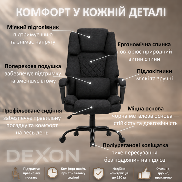 Кресло компьютерное DEXON MAX из ткани, с поясничной подушкой, механизм качания TILT, Черный 40318 фото