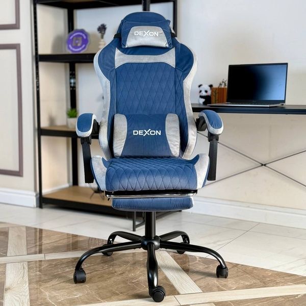 Геймерское кресло DEXON AURA с подставкой для ног, из велюра, металлическая крестовина, Синий 40351 фото