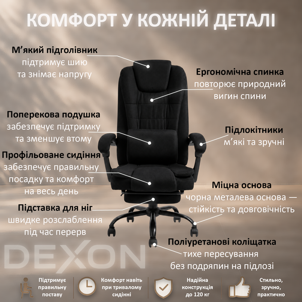 Кресло компьютерное DEXON GAMMA из велюра, с поясничной подушкой, с подставкой для ног, Черный 40325 фото