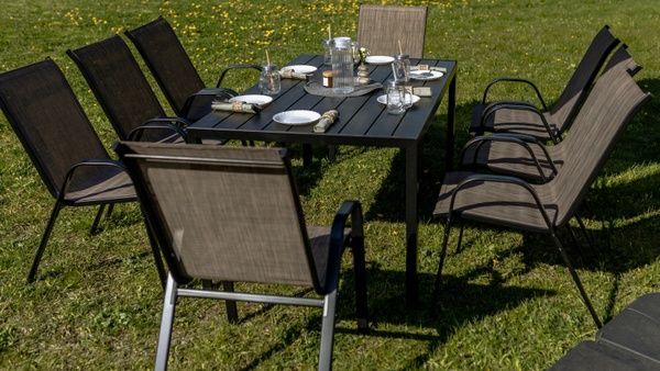 Комплект садових меблів 150х90х70см прямокутний стіл 4Points Orvieto-8 стільниця штучне дерево Polywood та 8 стільців, Коричневий 41048 фото