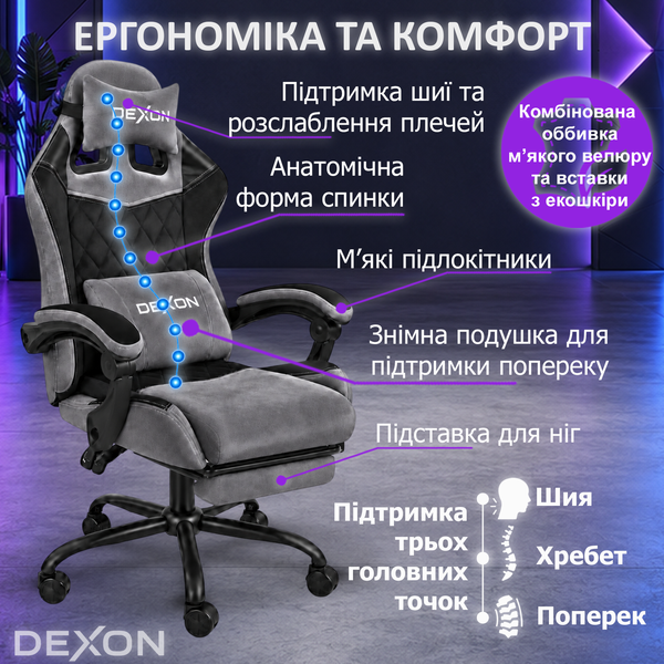 Геймерське крісло DEXON PULSE з підставкою для ніг, велюр+екошкіра, металева хрестовина, Темно-сірий 41167 фото