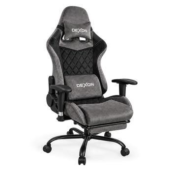 Геймерське крісло DEXON STORM з підставкою для ніг, механізм гойдання TILT, велюр+екошкіра, металева хрестовина, Темно-сірий 41168 фото