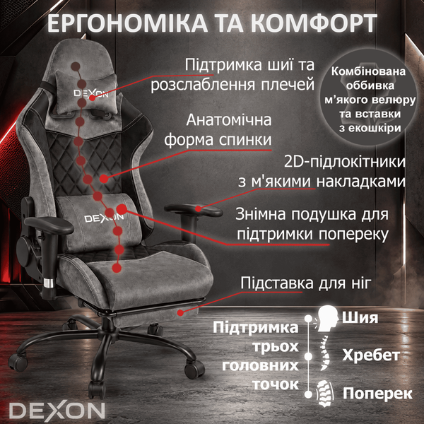 Геймерське крісло DEXON STORM з підставкою для ніг, механізм гойдання TILT, велюр+екошкіра, металева хрестовина, Темно-сірий 41168 фото