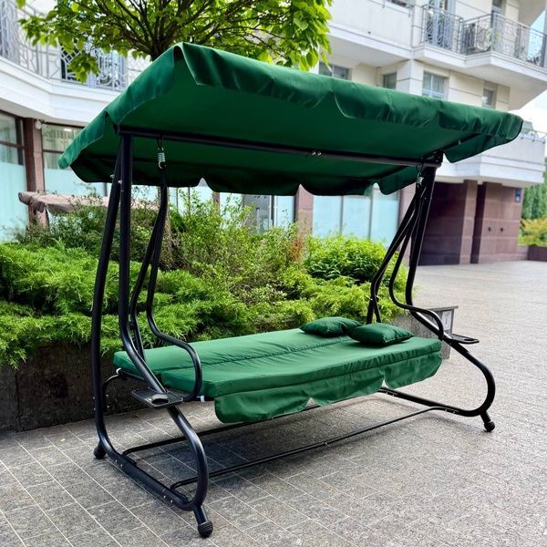 Садова гойдалка 230см до 350кг 4P Garden Comfort чотиримісна, розкладна, з подушками та підстаканниками, Зелена 40302 фото