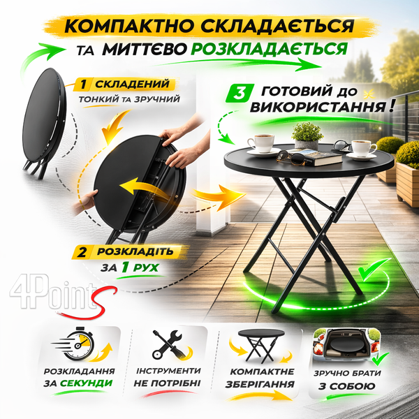 Комплект садових меблів ⌀60см круглий стіл 4Points Lario-2 розкладний та два розкладні стільці, Чорний 41023 фото
