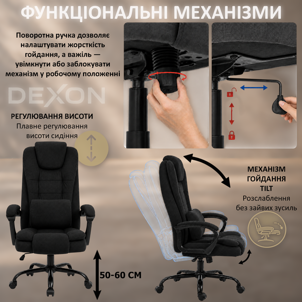 Крісло комп'ютерне DEXON ALPHA з велюру, з поперековою подушкою, механізм гойдання TILT, Чорний 40311 фото