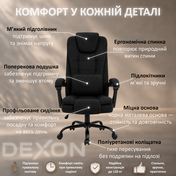 Крісло комп'ютерне DEXON ALPHA з велюру, з поперековою подушкою, механізм гойдання TILT, Чорний 40311 фото