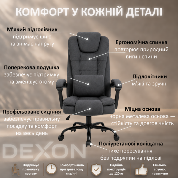 Крісло комп'ютерне DEXON ALPHA з велюру, з поперековою подушкою, механізм гойдання TILT, Темно-сірий 40312 фото