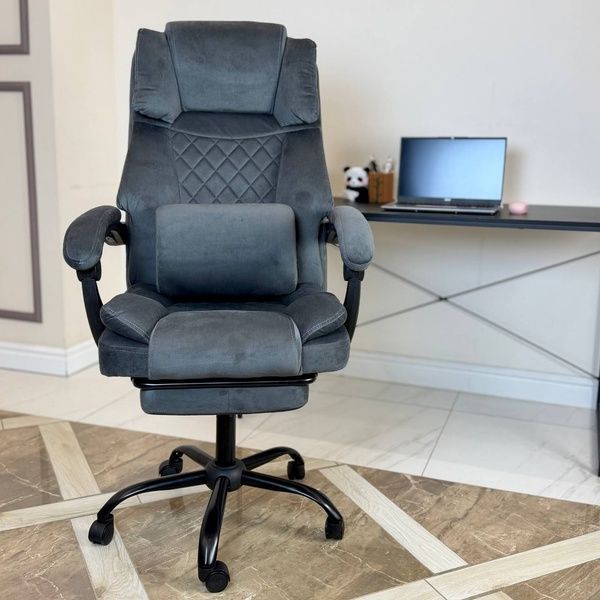 Крісло комп'ютерне DEXON SUPREME з велюру, з поперековою подушкою, з підставкою для ніг, Темно-сірий 40324 фото