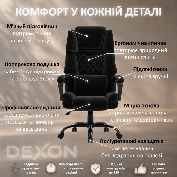 Кресло компьютерное DEXON ROYAL из велюра, с поясничной подушкой, механизм качания TILT, Черный 40321 фото