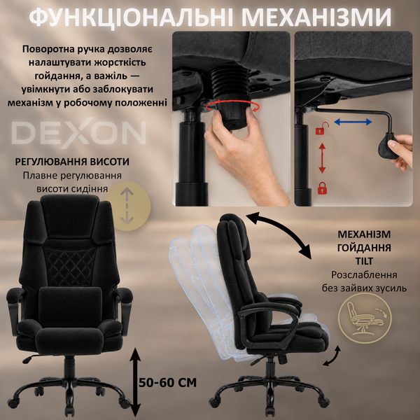 Кресло компьютерное DEXON ROYAL из велюра, с поясничной подушкой, механизм качания TILT, Черный 40321 фото