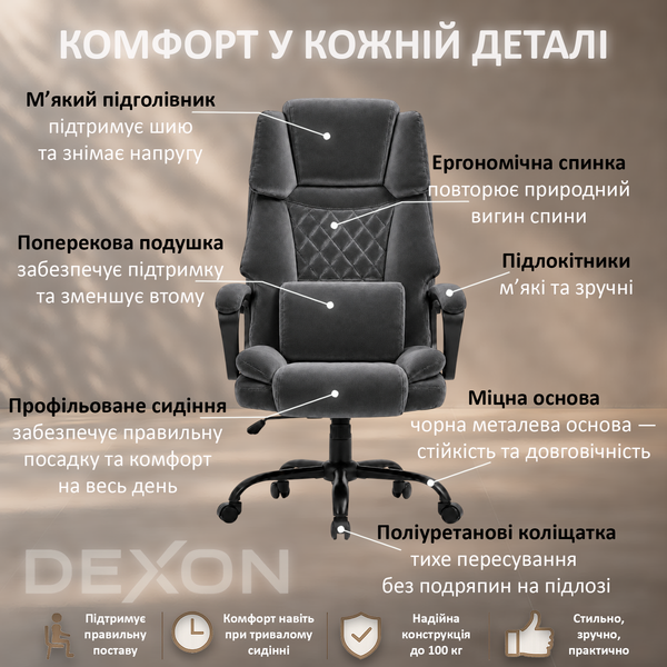 Кресло компьютерное DEXON ROYAL из велюра, с поясничной подушкой, механизм качания TILT, Темно-серый 40322 фото