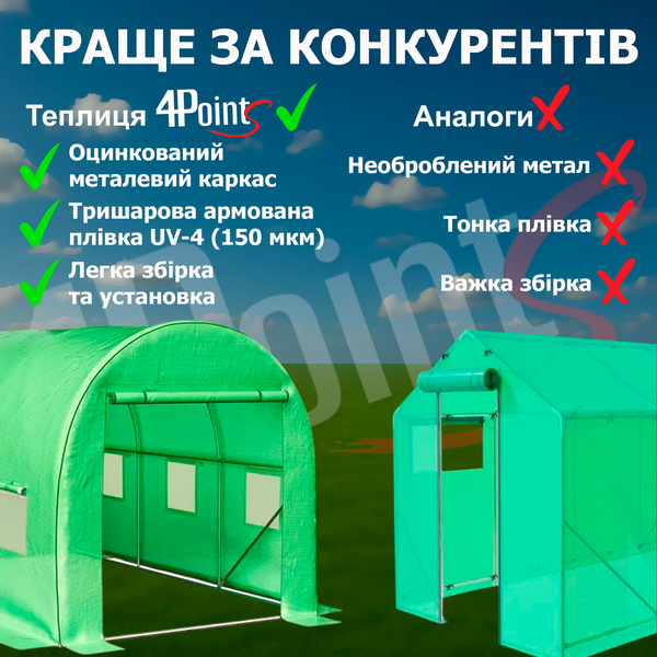ПОСИЛЕНА ТЕПЛИЦЯ САДОВА 4Points 10м2 2,5х4м парник для городу дому дачі з вікнами, Зелений 41165 фото