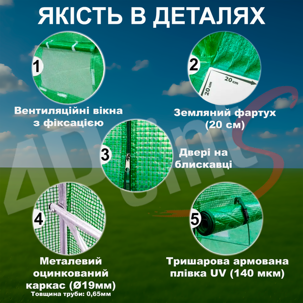ПОСИЛЕНА ТЕПЛИЦЯ САДОВА 4Points 10м2 2,5х4м парник для городу дому дачі з вікнами, Зелений 41165 фото